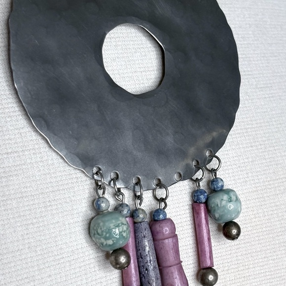 Boho Statement Necklace – Hammered Metal Disc Pendant with Colorful Beads - Picture 3 of 4